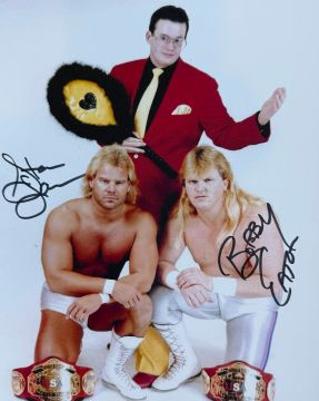 8x10 Photo of the Midnight Express (Eaton & Lane) & Cornette with U.S. Tag Title Belts